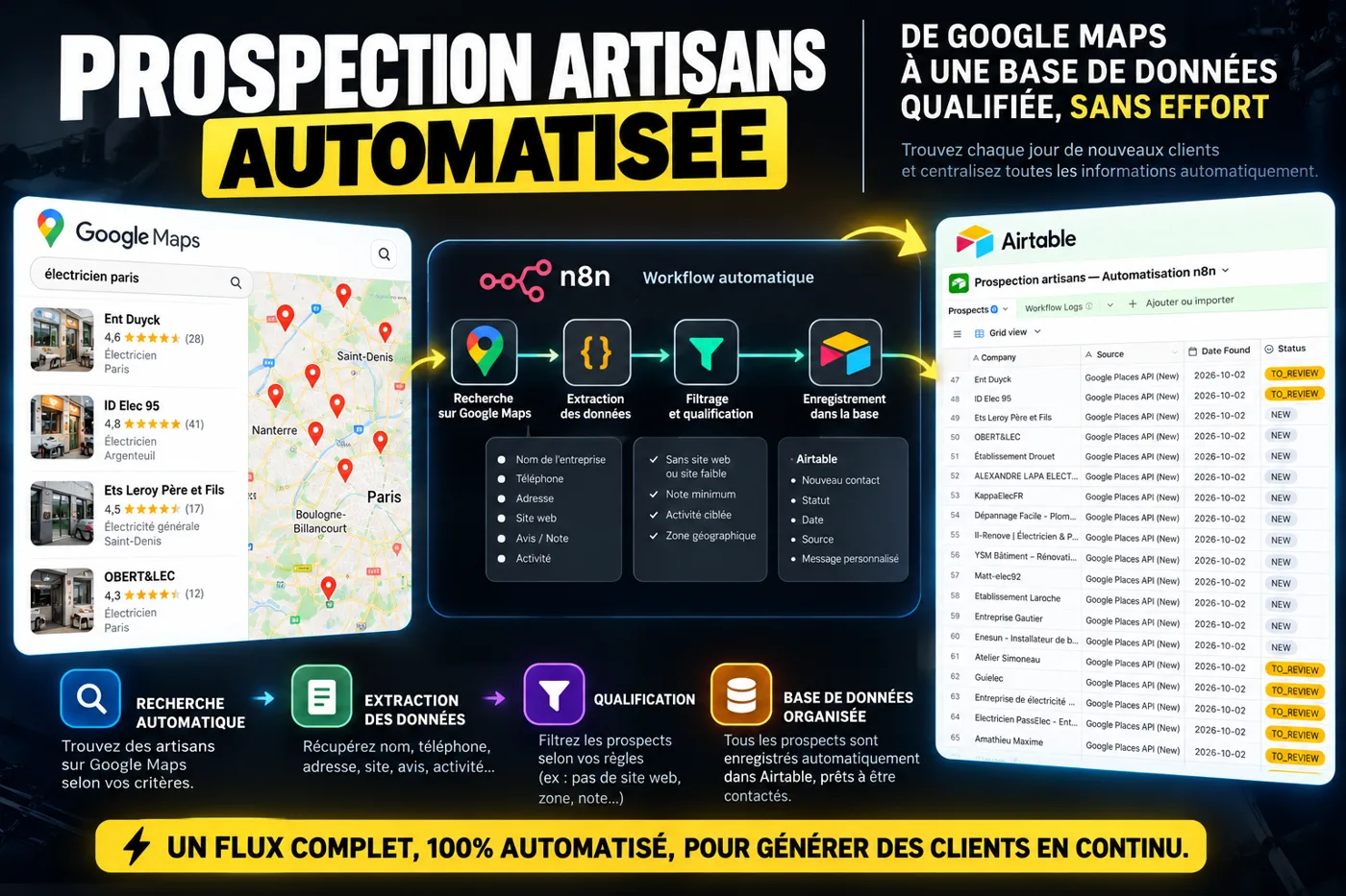 Prospection automatisée d’artisans : recherche Google Maps, workflow n8n, base Airtable